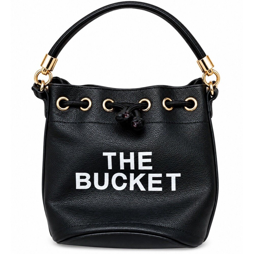 Black Faux Leather "THE BUCKET" Bucket Bag Top Handle Drawstring Lined Charm